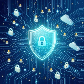 Graphic representing data streams, with locks, clouds and people in it to represent different systems, different security levels and personal data; shield wit a lock in the middle representing IT security.